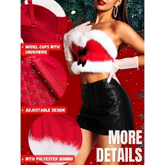 Women First Red Christmas Faux Fur Santa Corset Bow Bustier Crop Top - Picture 3 of 7